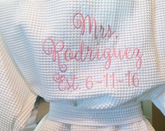 Brides Robe Personalized Monogrammed robe with Mrs. Name on the back, date, Waffle Short Robe Embroidered Bridal gift. Sm/med, Lg/XL & XXL.