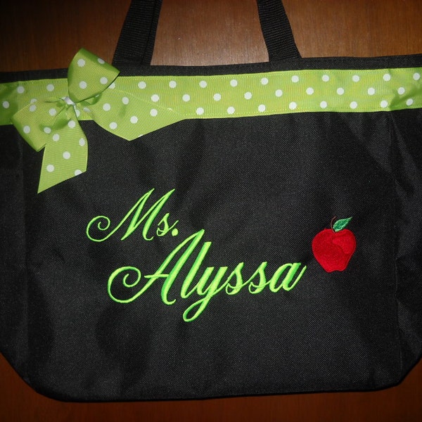4 Teacher Bags Personalized Name or School name and Apple You choose bag color and ribbon.