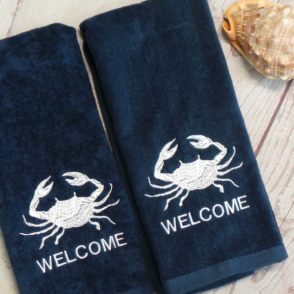 Crab Hand Towels 2, Personalize them! 6 Towel colors. Nice Towels, Embroidered, Nautical Decor, Boat Towels, Bathroom, Bar, Kitchen towels.