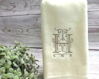 Monogrammed Fingertip towels, 2 tea towels, Beautiful Embroidered Tea towels. 4 Towel colors. Choose your design and colors.