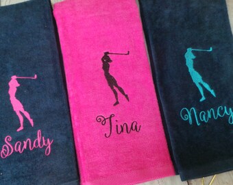 Women's golf towel, 3 golfer choices and Name, Personalized embroidered Sport Towel. Tri fold with hook. 8 towel colors to choose.