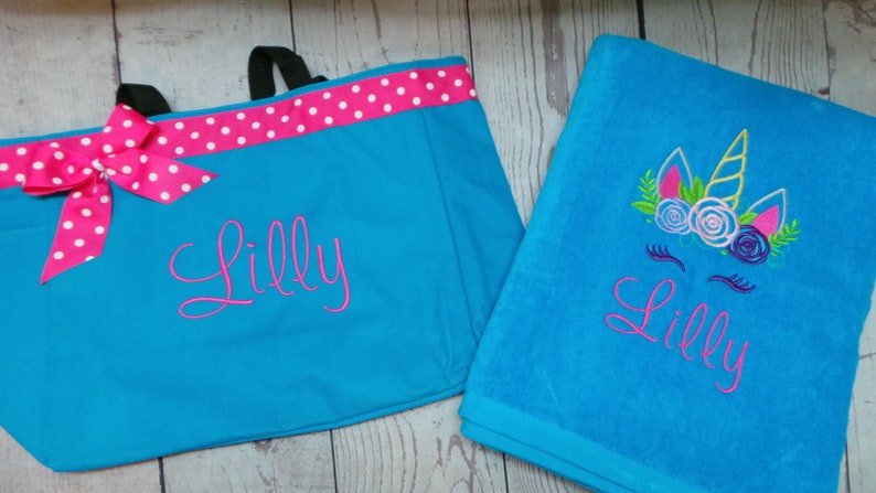 Unicorn Beach Towel And Tote Bag Personalized With Your Name On Towel And Bag With Ribbon And Bow Great Birthday Gift One Of A Kind Gift