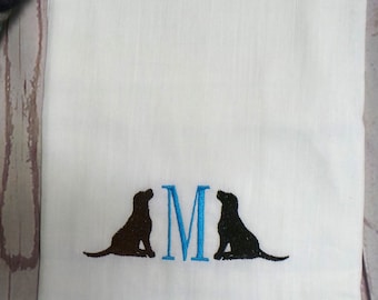 Labrador Towel, Kitchen towels, 4 towel colors and Lab colors with large initial. Kitchen Hand towel.  100% Cotton with loop.