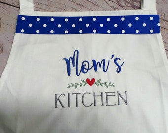 Mom's apron, Mom's Kitchen embroidered. Name with kitchen and design. You choose. 4 colors of aprons. Mother's Day gift. Choose your ribbon.