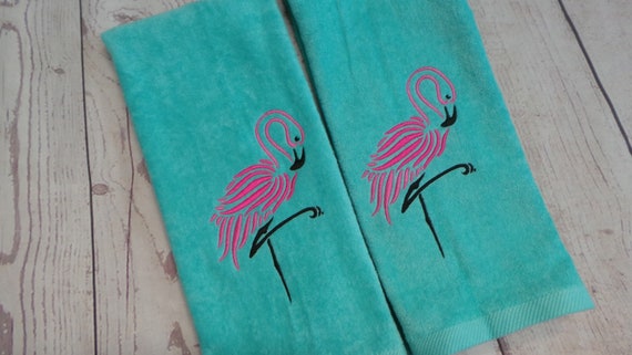 Flamingo Hand Towels 2 Hand Towels, Beachy Hand Towels, Embroidered Towels.  7 Colors to Choose From. Nice Towels. Add a Name 