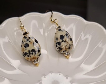 Dalmatian Jasper Earrings | Natural Gemstone | 18kt Gold Plated Teardrop Earrings | Handmade Gift for Her | Black and White | Christmas gift
