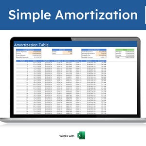 Puede incluir: Una pantalla de computadora portátil que muestra una tabla de amortización simple con el título "Simple Amortization". La tabla muestra el monto del préstamo, el pago mensual, la tasa de interés y otros detalles financieros. La tabla está etiquetada como "Amortization Table". El texto "Works with X" se muestra en la parte inferior de la pantalla.