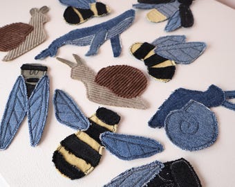 Recycled Denim Patches | Sew-on Patches | Bugs | Snail | Whale | Cicada | Entomology | Upcycled