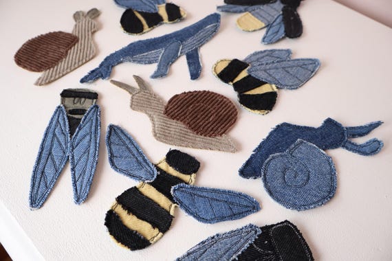 Recycled Denim Patches | Sew-on Patches | Bugs | Snail | Whale | Cicada | Entomology | Upcycled