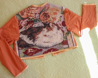 Upcycled Cropped Cat Cardigan | Cotton Cardigan | Cat Lover | Cat Sweater | Vintage Cardigan