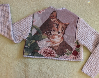 Upcycled Vintage Cropped Cat Cardigan | Cotton Sweater | Cat Lover | Cat Sweater | Vintage Cardigan
