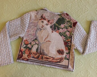 Upcycled Cropped Cat Cardigan | Cotton Sweater Cat Lover | Cat Sweater | Vintage Cardigan | Cat Collection