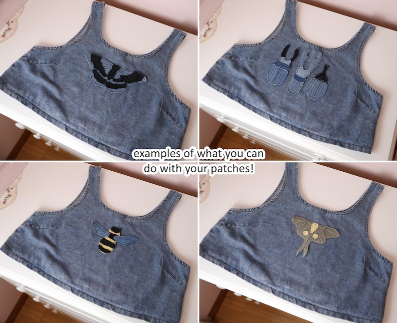 Op de afbeelding: Een collage van vier blauwe denim crop tops, elk voorzien van een andere geborduurde insect- of keverpatch. De tekst in het midden luidt: examples of what you can do with your patches! De tops hebben brede schouderbanden.