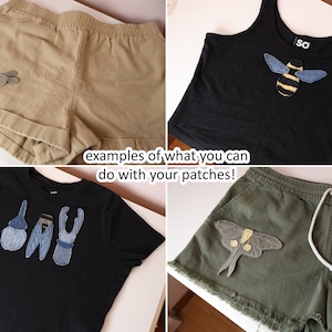 Op de afbeelding: Een collage van vier kledingstukken met geborduurde insect- en slakpatches: beige shorts met een slak, een zwarte tanktop met een bij, een zwart t-shirt met drie kevers en olijfgroene shorts met een mot. Tekst: examples of what you can do with your patches!