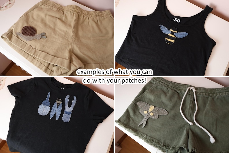 Op de afbeelding: Een collage van vier kledingstukken met geborduurde insect- en slakpatches: beige shorts met een slak, een zwarte tanktop met een bij, een zwart t-shirt met drie kevers en olijfgroene shorts met een mot. Tekst: examples of what you can do with your patches!