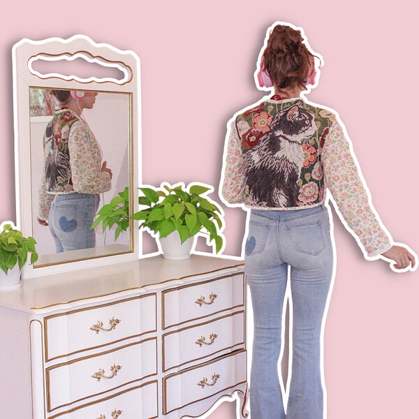 Cropped Katze Strickjacke | Baumwoll Pullover | Katzenliebhaber | Katzen-Pullover | Vintage Strickjacke | Katzensammlung