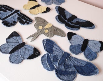 Recycled Denim Butterfly and Moth Patches | Sew-on Patches | Bugs | Entomology | Upcycled