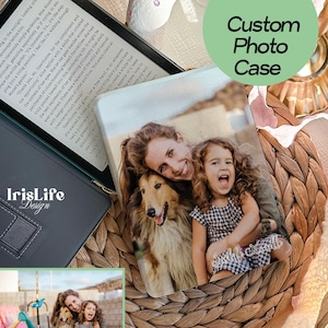 May include: A white photo case with a woven wicker base. The case features a printed photo of a woman and a young girl smiling with a dog. The text "IrisLife Kindle" is printed on the case.