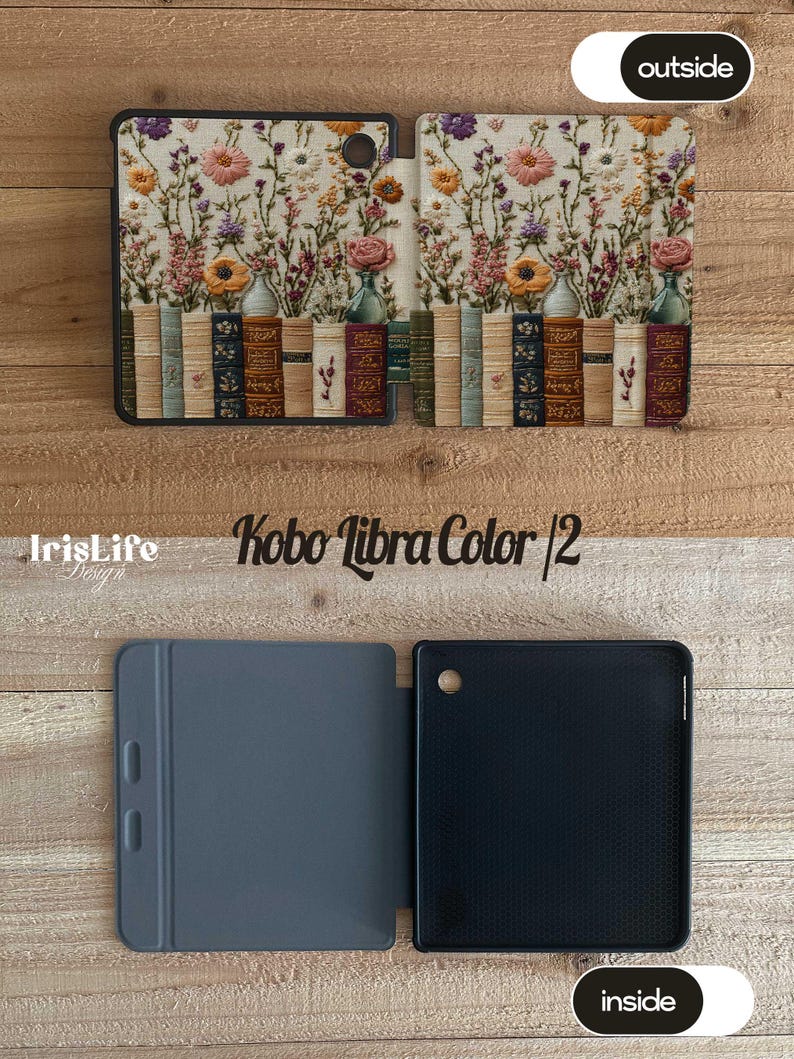 May include: A Kobo Libra Color e-reader case with a floral and book design on the outside. The inside of the case is gray and black.
