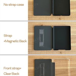 May include: Three different styles of black e-reader cases. The first case has no strap. The second case has a strap and a magnetic back. The third case has a front strap and a clear back.
