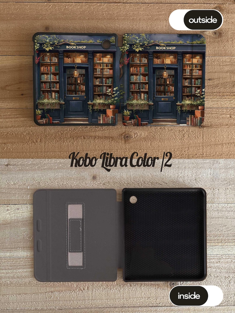 May include: A Kobo Libra Color 2 tablet case with a detailed illustration of a bookstore facade. The case is dark blue with a bookstore design, featuring shelves of books, a door, and the word "BOOKSHOP". The inside of the case is gray and black.