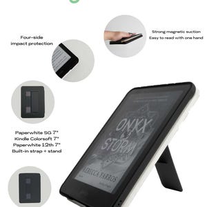 May include: A black and white e-reader with a protective case, featuring the text "ONXX STORM" and "REBECCA YARROS." The case has a built-in stand and strap, with the words "Magnetic back" at the top. It offers four-side impact protection and strong magnetic suction.