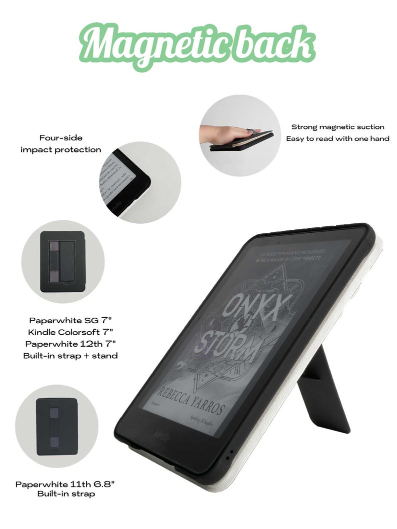May include: A black and white e-reader with a protective case, featuring the text "ONXX STORM" and "REBECCA YARROS." The case has a built-in stand and strap, with the words "Magnetic back" at the top. It offers four-side impact protection and strong magnetic suction.