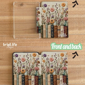 May include: A close-up of a Kindle Paperwhite case with a floral design and a row of books. The case is open to show the front and back covers. The text "IrisLife" is visible on the back cover.
