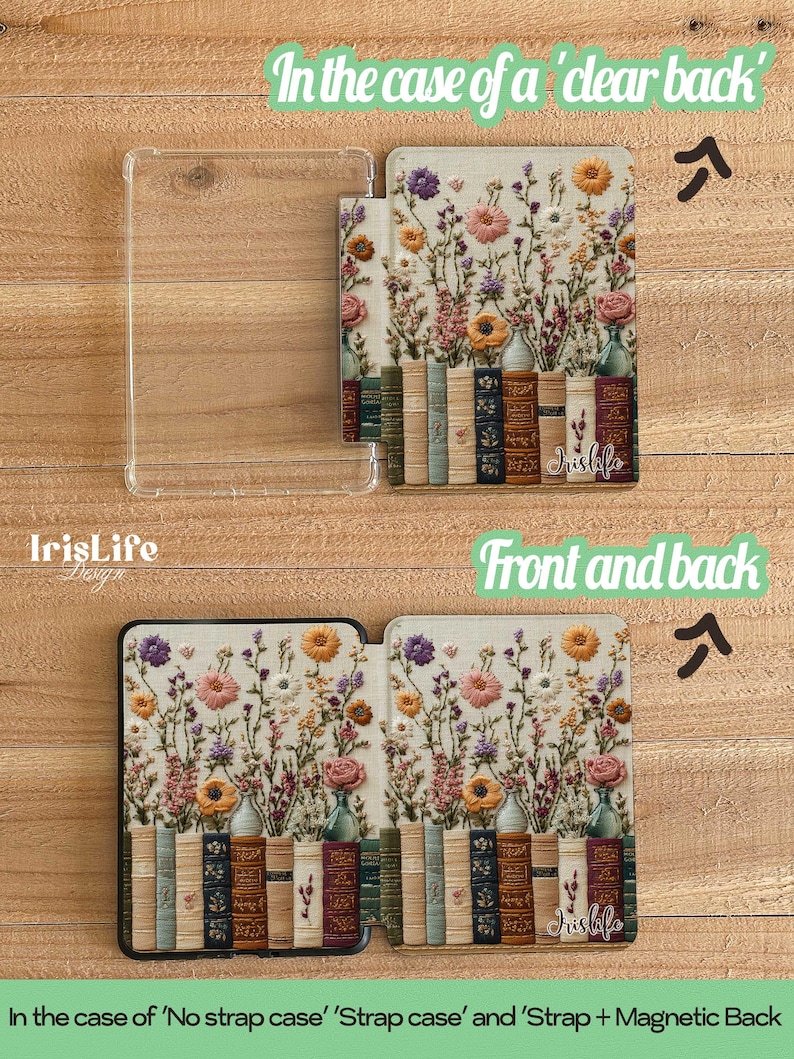 May include: A close-up of a Kindle Paperwhite case with a floral design and a row of books. The case is open to show the front and back covers. The text "IrisLife" is visible on the back cover.