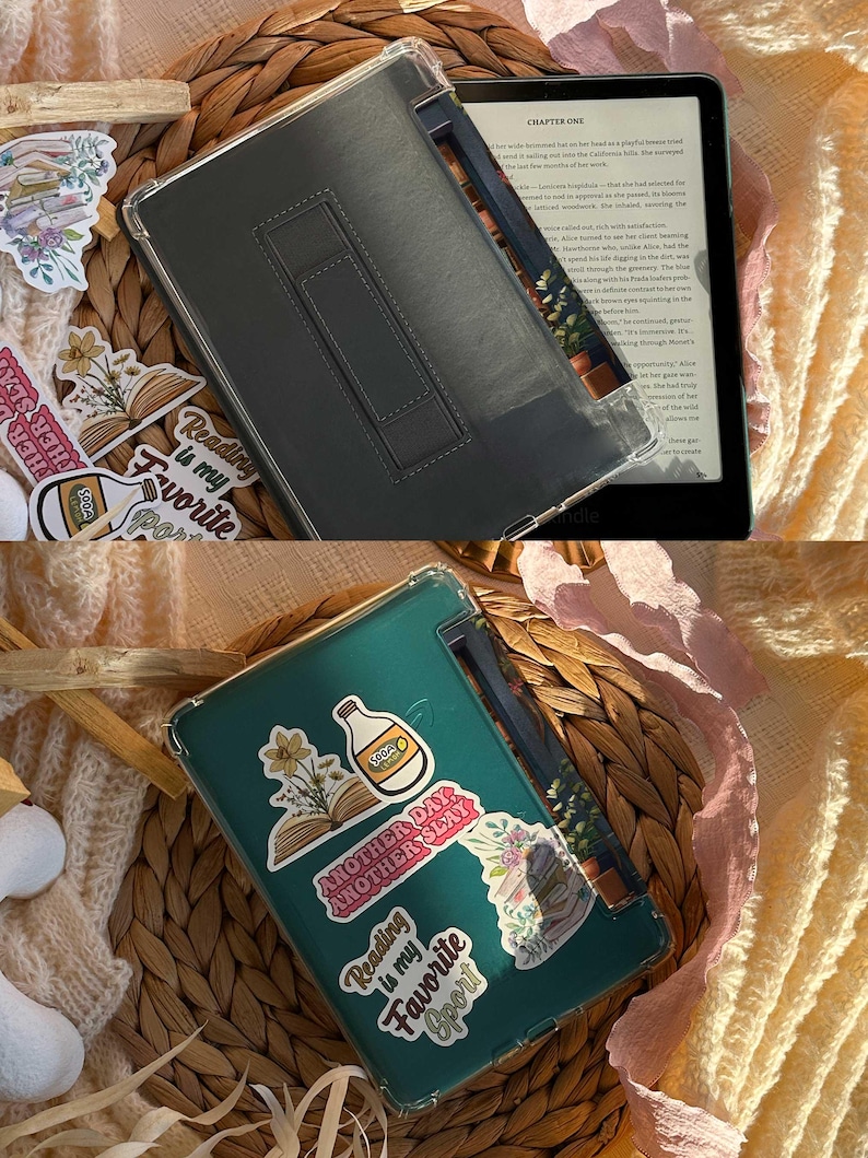 May include: Two e-reader cases, one gray and one teal, with stickers that say "Reading is my Favorite Sport" and "Another Day, Another Slay." The e-readers are open, displaying text. The cases are on a woven basket.