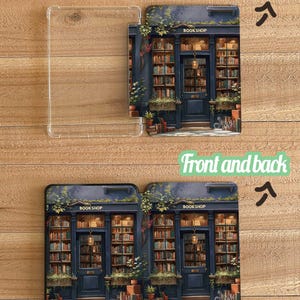 May include: Clear and printed phone cases with a bookstore design. The cases feature a detailed illustration of a bookstore facade with books, plants, and the word "BOOKSHOP". The text "Front and back" is also visible.