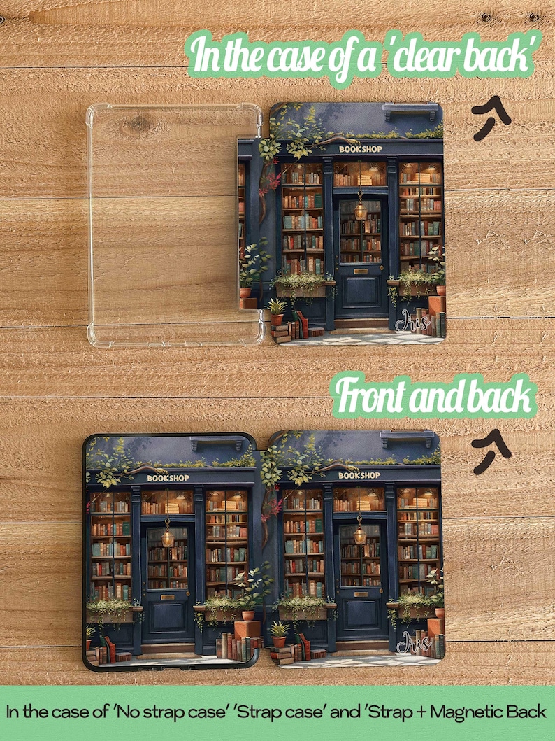 May include: Clear and printed phone cases with a bookstore design. The cases feature a detailed illustration of a bookstore facade with books, plants, and the word "BOOKSHOP". The text "Front and back" is also visible.