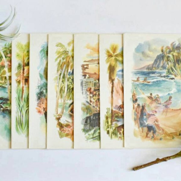 TROPICAL WATERCOLOR PRINTS, Matson Lines, Set of 8, Dinner Menus, Mid Century, Tropical, Tiki Room, Beach Home, Hawaii, San Francisco, Figi