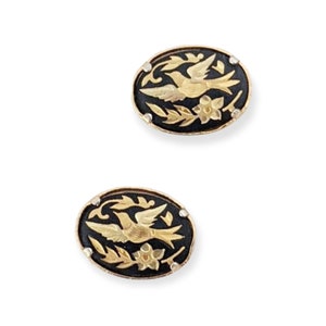 Bird cabachons / Thai / etched / gold tone / black / vintage / jewelry supply / Birds / post earrings / cufflinks / damascene