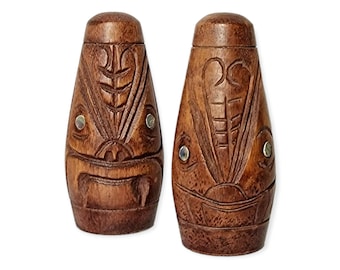 Maori Tiki Salt and Pepper Shakers / Maori / Paua Shell eyes / Handmade / Handcarved / Mid century Souvenir / shelf decor