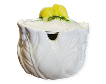 Sugarbowl / lemons / leaves / ceramic / Made in Japan / Off white / green / yellow  / vintage