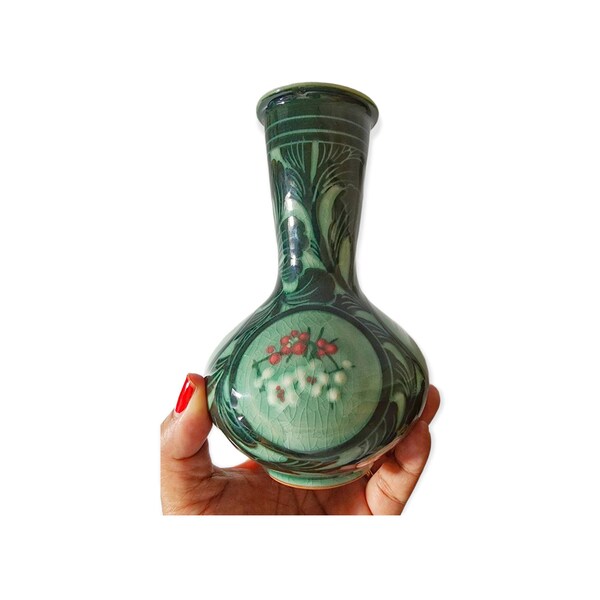 Vase Ancien En Céladon Coréen Vert - Style Vintage - Céramique - Déco Thème Fleurs/plantes