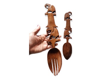 Elephant Spoon and Fork Wood / Serving Spoon / Wall decor / Kitchen decor / Thai themed kitchen decor / African themed / good luck elephant