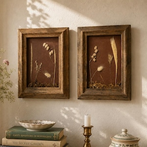 Framed dried grass / Set of 2 / monochromatic / cottage core / handmade / wood frames / vinatge / dried grass art / bunny tail / rectangular