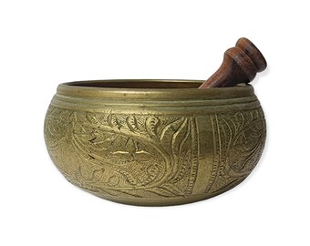 Brass Singing Bowl / Floral etchings / Gold tone / comes with wooden stick / meditation
