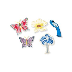 May include: A collection of colorful embroidered patches featuring a red butterfly, a yellow flower, a blue bird, a purple butterfly, and a blue tree. The patches have detailed stitching and are set against a white background.