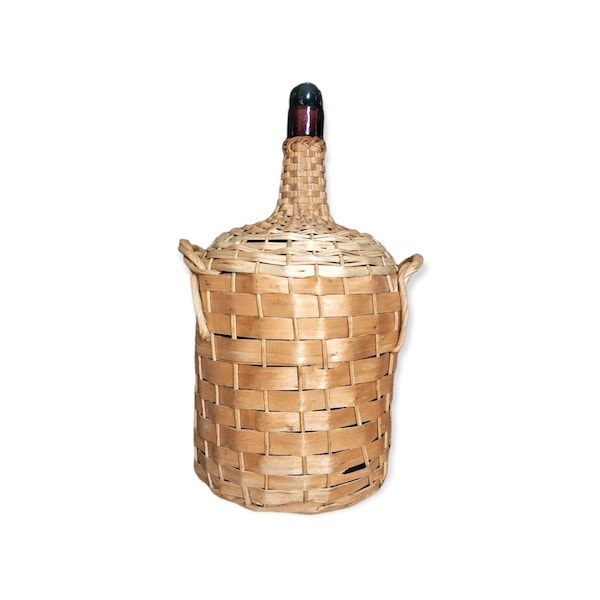 Wicker Demijohn Wine Bottle / Handles / Carboy / woven / Shelf Decor / Rustic Decor / Farmhouse / Purple glass / Almaden wines