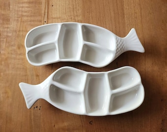 Appetizer Dishes/Condiments/Multiple Compartments/Fish Shaped/Watercolors Palette/White Ceramic/Vintage/Hall-Made in USA/Relish dish