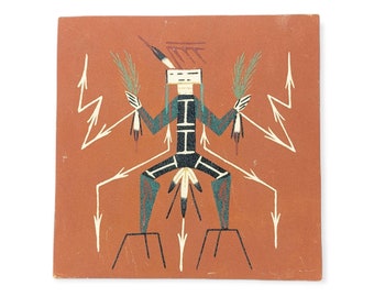 Navajo Sand Painting / VTG / Native American / Signed Yazzie/ Big Thunder/ Southwestern decor / monochromatic / hook on back / Yei