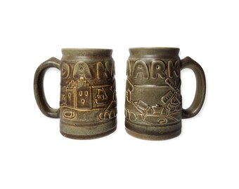Denmark Tankards/JOHGUS Studio/Moss Green/Stoneware/Souvenirs/Shelf Decor/Windmill/Danish/Nordic/1960s/Bornholm/Mugs/Danmark/Mugs/Souvenirs