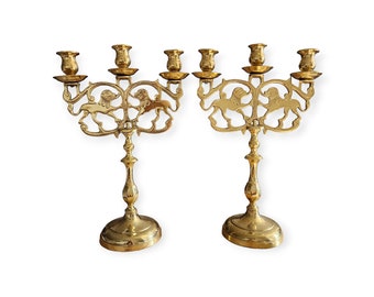 Brass Candleholders / Lion of Judah /Ornate/ Jewish /Jesus/ Goldtone / Vintage / 3 light Shabbos Candelabrum /Judea Sabbath/ Rastafarian