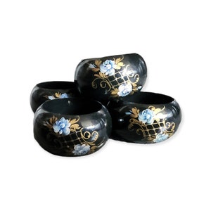 Black with blue flowers napkin ring holders / set of 5 / Hand painted / Russian / Black lacquer / Vintage / folk art / Blue Roses
