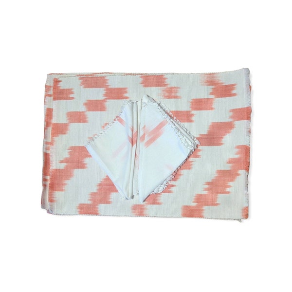 Ikat placemats and napkins / pink and white / Set of 12 / hand loomed / Philippines / rectangular / table linens / dead stock/cotton