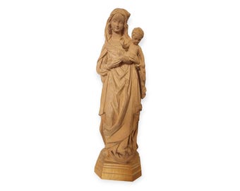 Mother Mary & Baby Jesus Wood Sculpture / Limewood / Basswood / Catholic Iconography / Altar / Shelf Decor / religious / Tan / Handcarved