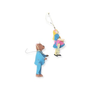 Christmas ornaments / Goldilocks / Bear / Ornament / articulated arms and legs / Alice in Wonderland wood / German / vintage /country core